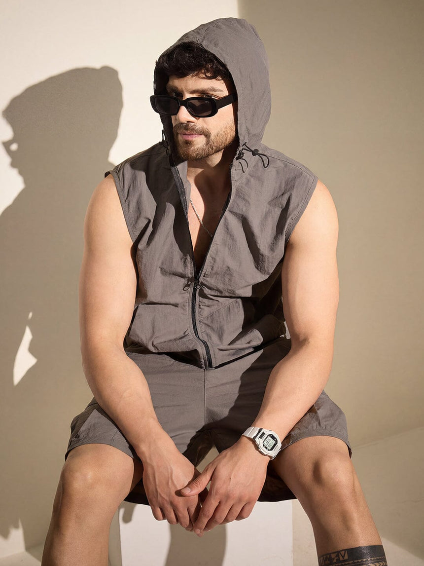 Dark Grey Nylon Sleeveless Windbreaker Jacket Jackets Fugazee