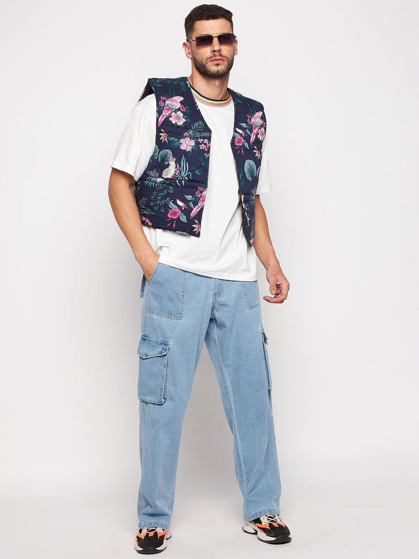 Navy Floral Print Sleeveless Puffer Jacket Jackets Fugazee