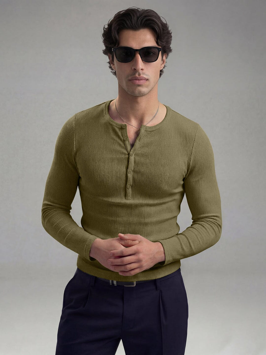 Olive Ribbed Henley Longsleeves Tshirt T-Shirts Fugazee