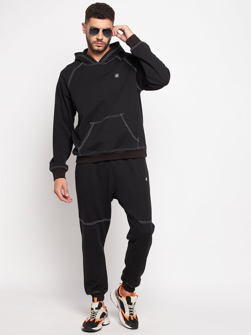 Black Oversized Contrast Stitch Hooded Sweatshirt Sweatshirts Fugazee