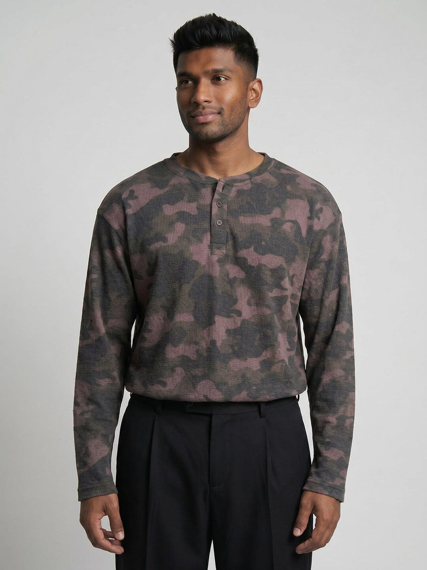 Brown Camo Waffle Relaxed Fit Henley Tshirt T-Shirts Fugazee