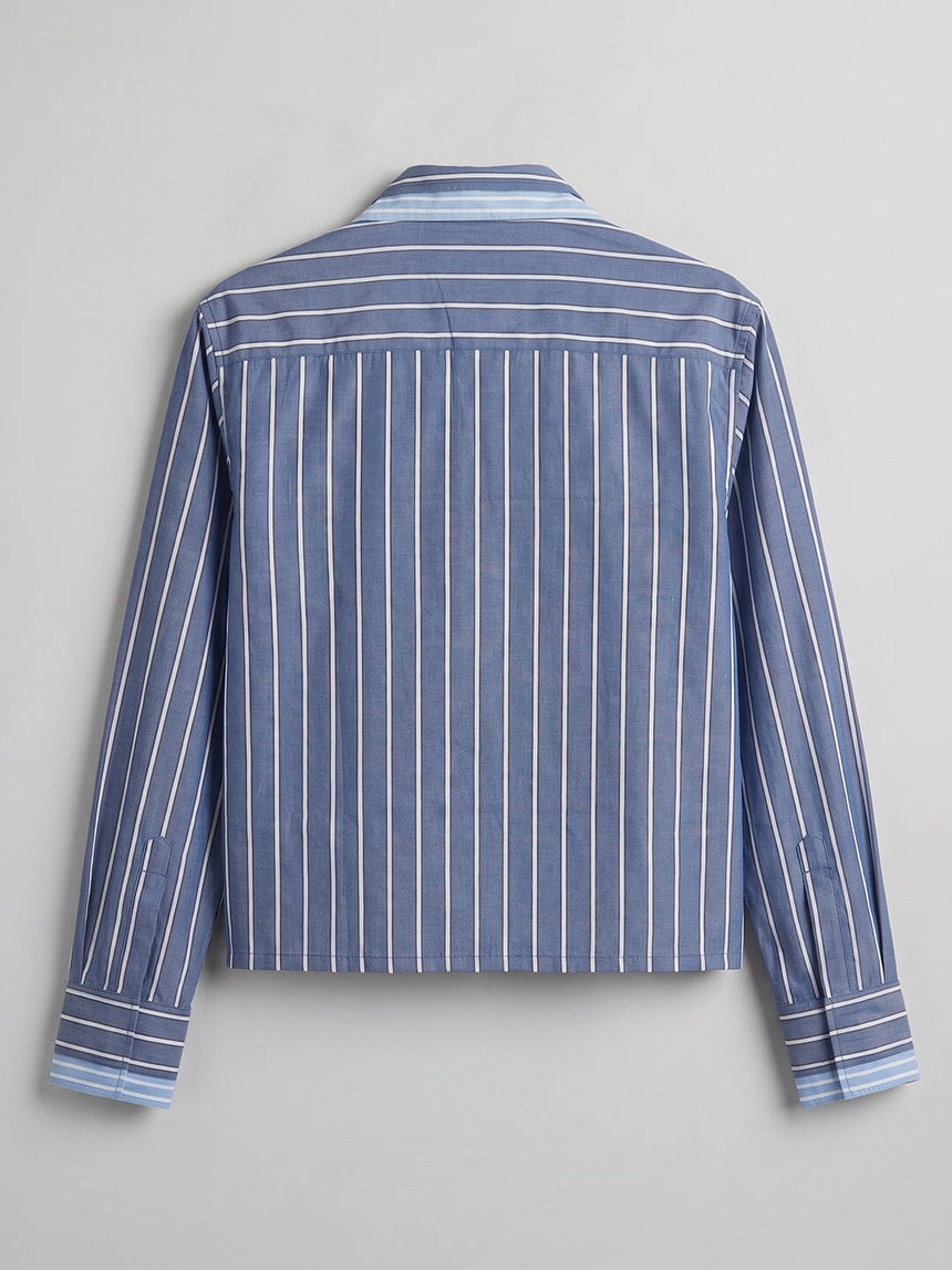 Cobalt Blue Striped Double Collared Cropped Shirt Shirts Fugazee