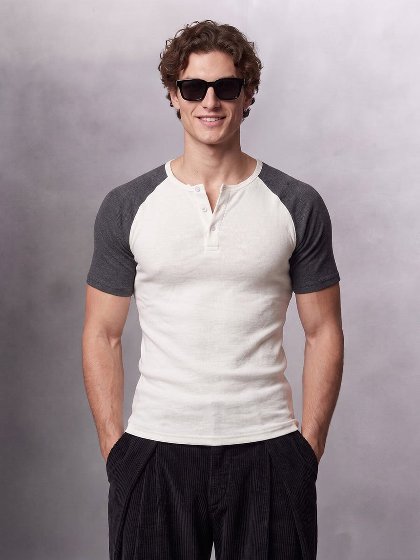Ecru and Charcoal Raglan Ribbed Henley Tshirt T-Shirts Fugazee