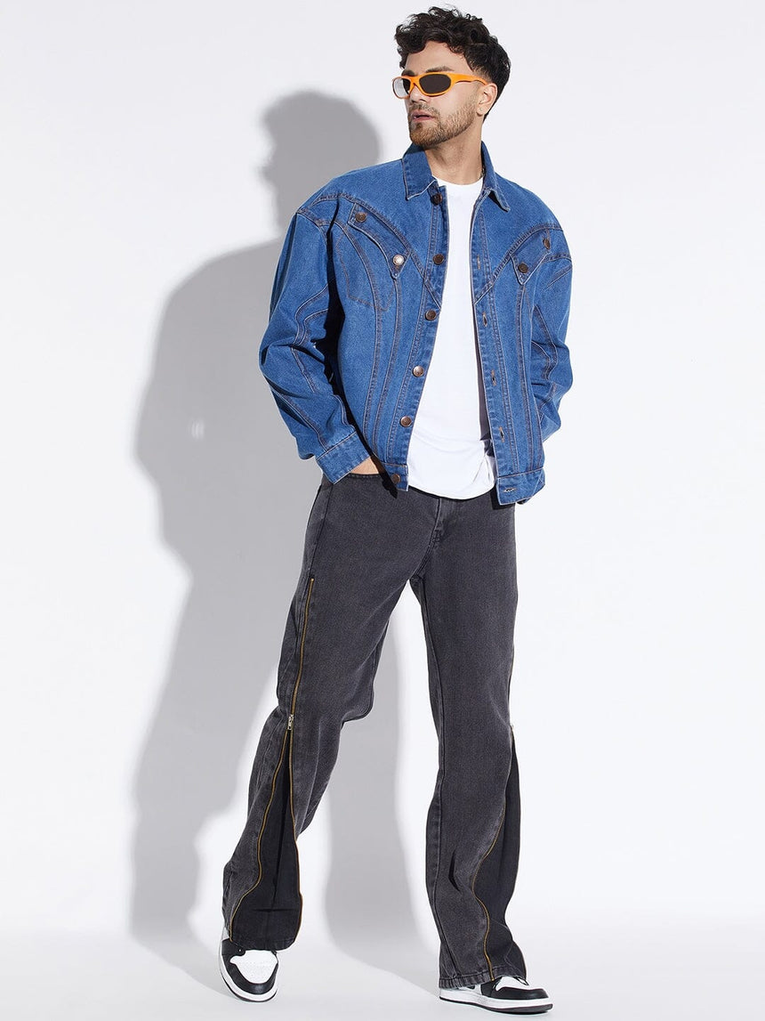 Mid Wash Wavy Panelled Oversized Denim Jacket Jackets Fugazee