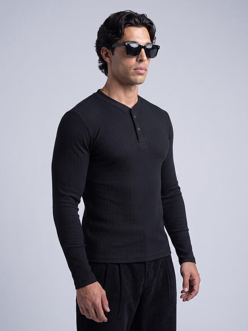 Black Parker Ribbed Henley Tshirt T-Shirts Fugazee