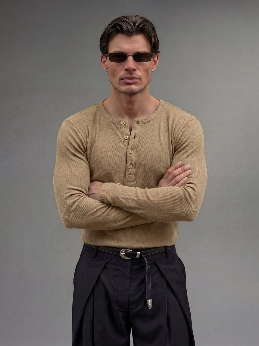 Beige Ribbed Henley Longsleeves Tshirt T-Shirts Fugazee