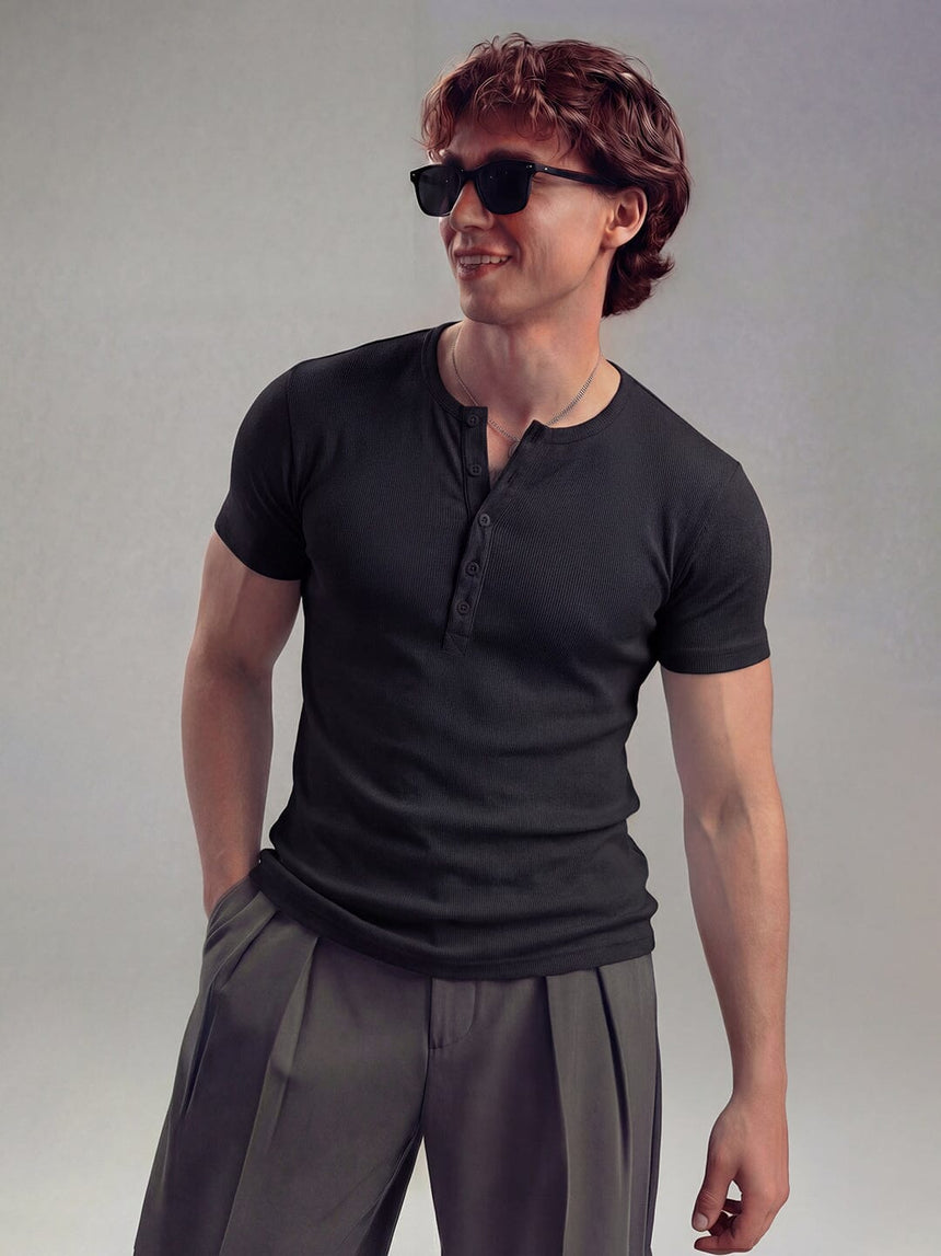 Black Ribbed Henley Short Sleeves Tshirt T-Shirts Fugazee