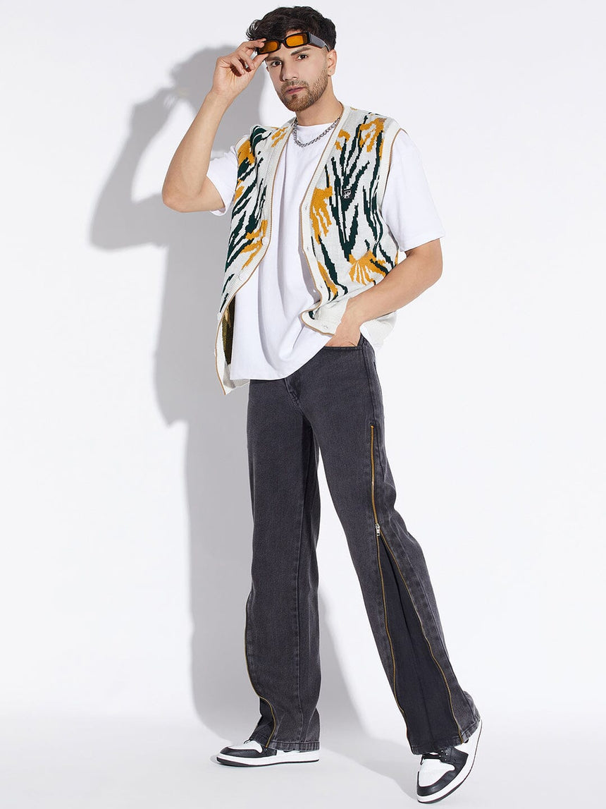 White Printed Sleeveless Cardigan Sweaters Fugazee