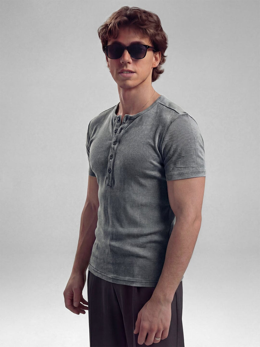 Acid Washed Ribbed Henley Short Sleeves Tshirt T-Shirts Fugazee