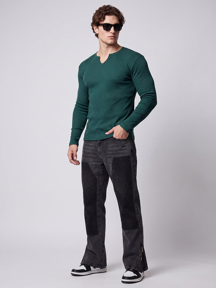 Bottle Green Notch Neck Ribbed Longsleeve Tshirt T-Shirts Fugazee