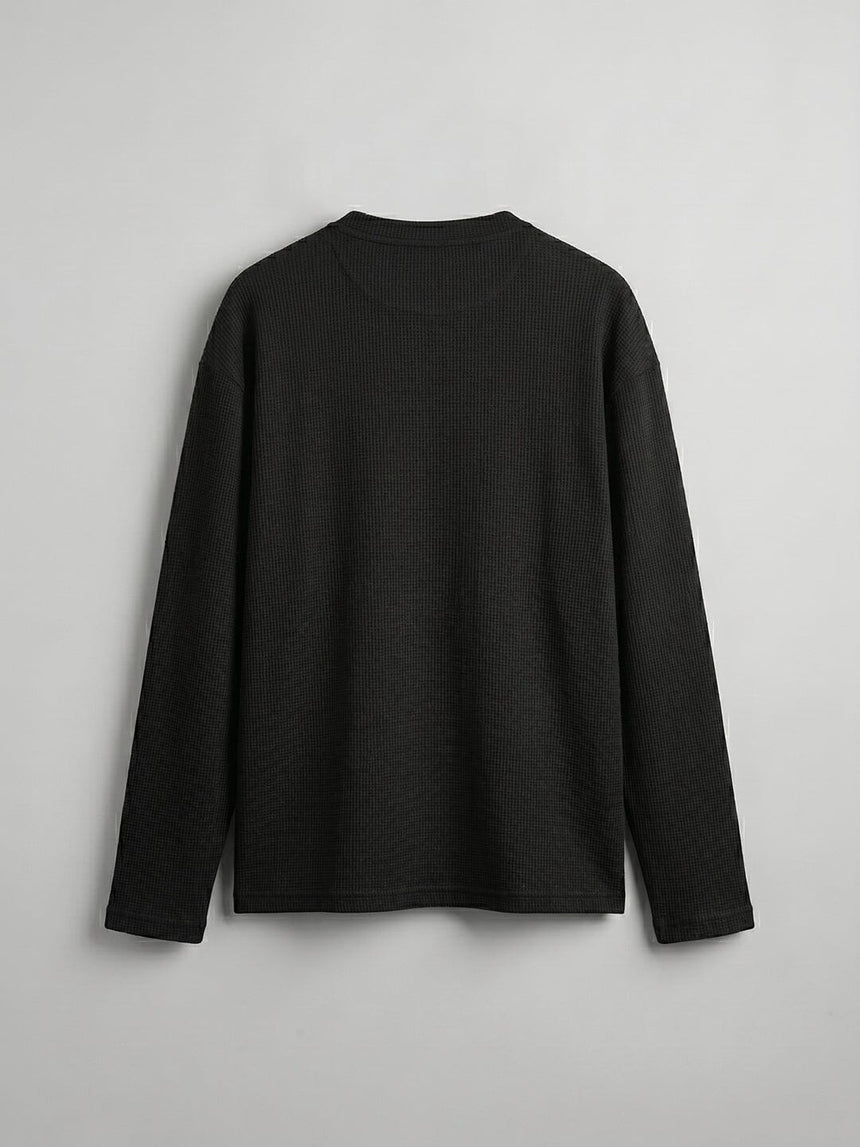 Black Waffle Relaxed Henley Tshirt T-Shirts Fugazee
