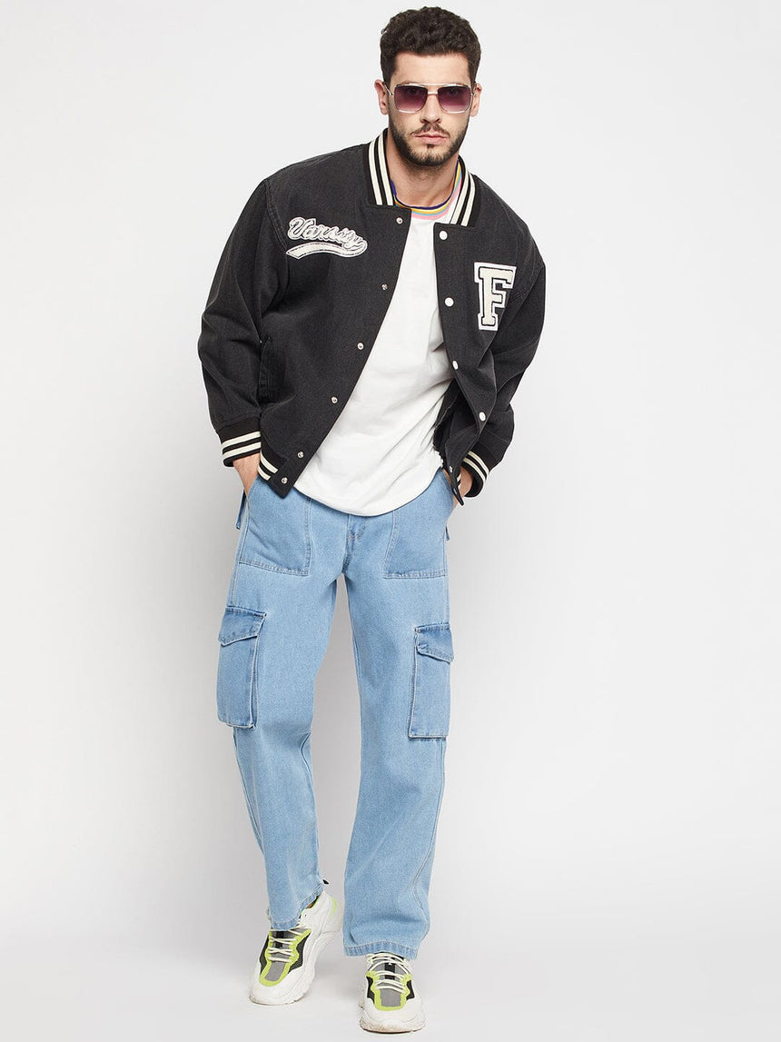 Grey Denim Varsity Jacket Jackets Fugazee