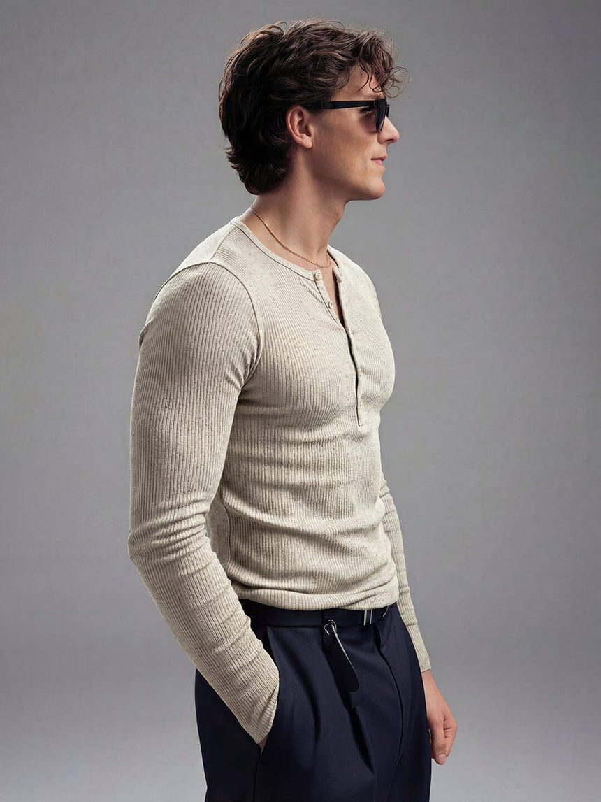 Ecru Melange Ribbed Henley Long sleeves Tshirt T-Shirts Fugazee