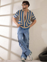 Beige & Blue Striped Crotchet Knitted Shirt Shirts Fugazee 
