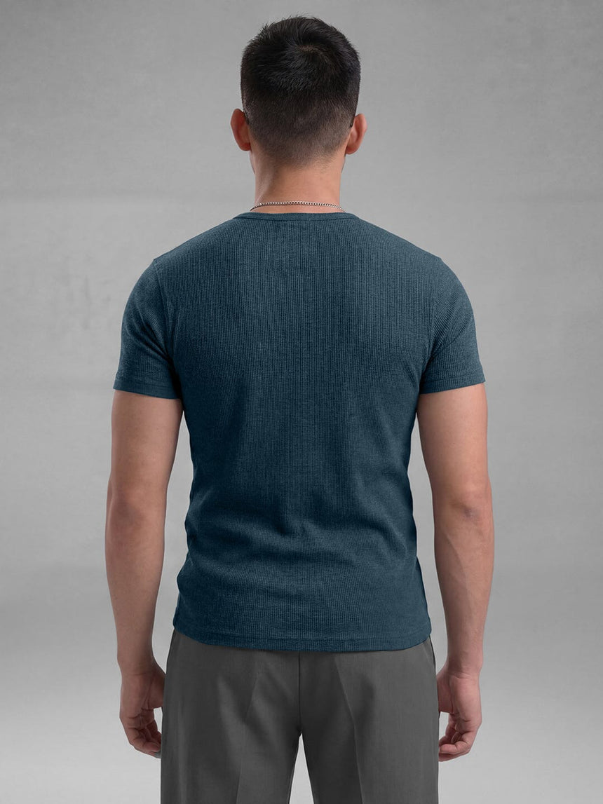 Denim Blue Ribbed Henley Short Sleeves Tshirt T-Shirts Fugazee