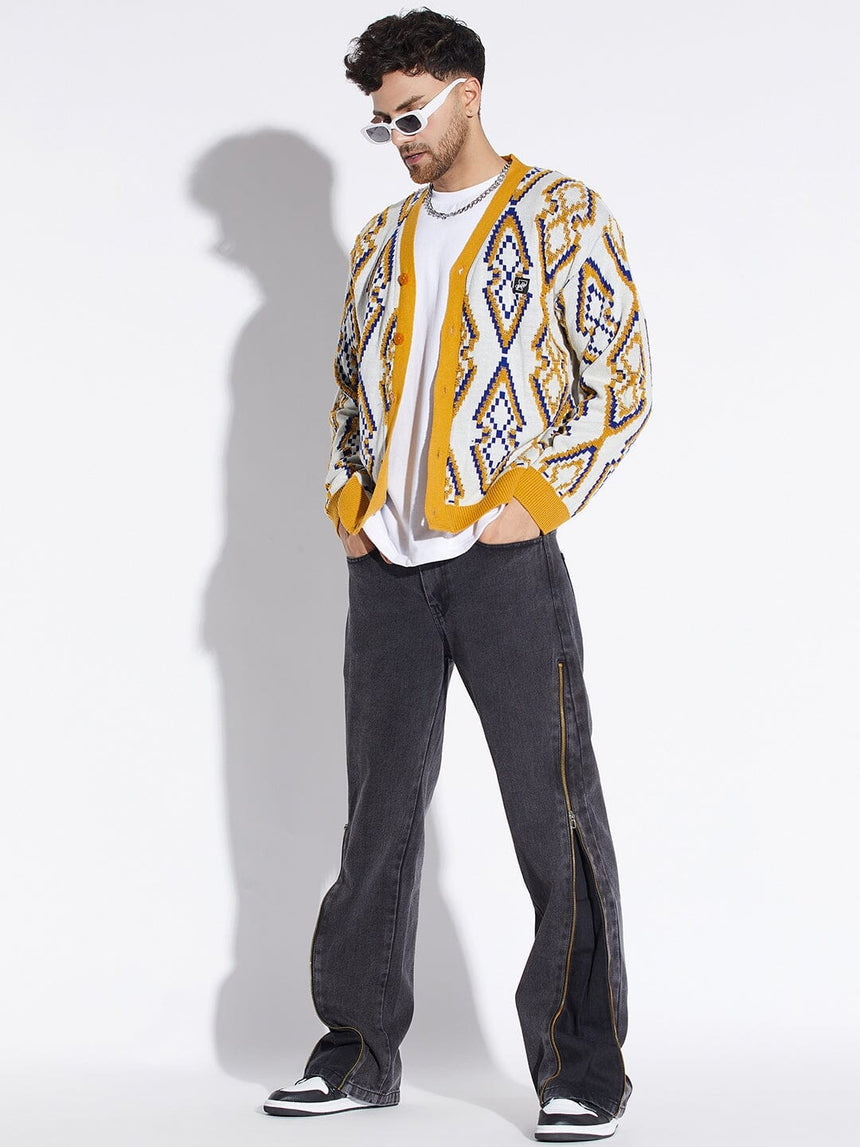 Mustard Abstract Print Cardigan Sweaters Fugazee