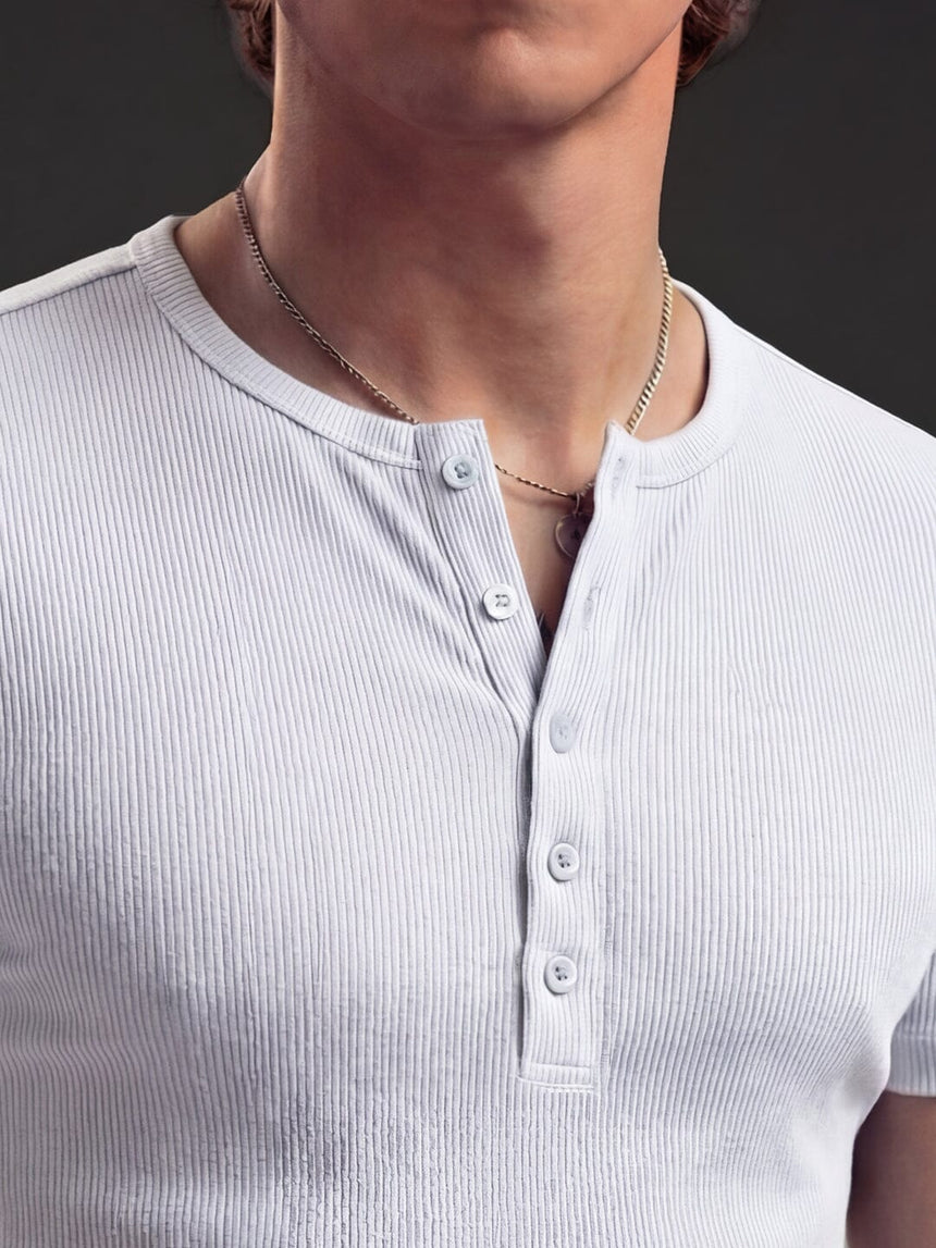 White Ribbed Henley Short Sleeves Tshirt T-Shirts Fugazee