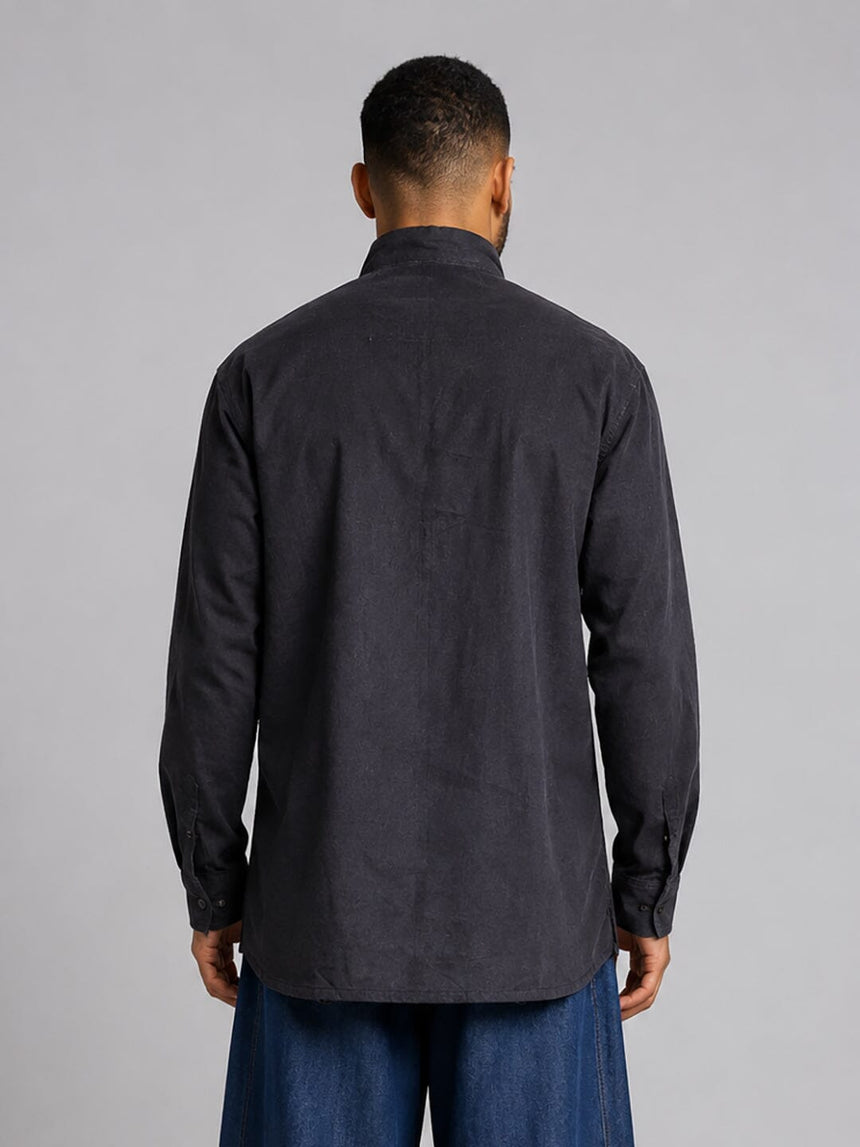 Black Mandarin Frog Buttoned Longline Shirt Shirts Fugazee