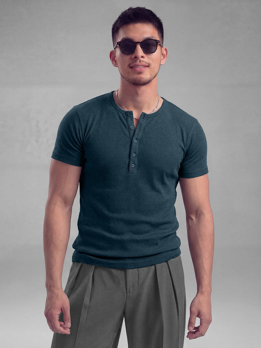 Denim Blue Ribbed Henley Short Sleeves Tshirt T-Shirts Fugazee