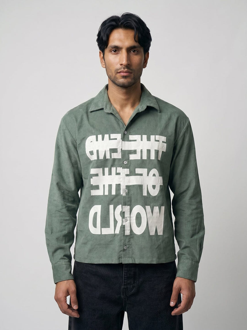 Pine Green Graphic Corduroy Cropped Shirt Shirts Fugazee