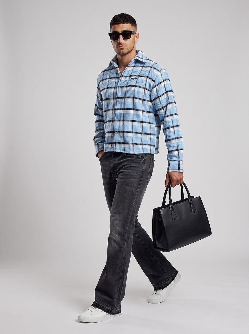 Sky Checkered Brushed Waffle Cropped Shirt Shirts Fugazee