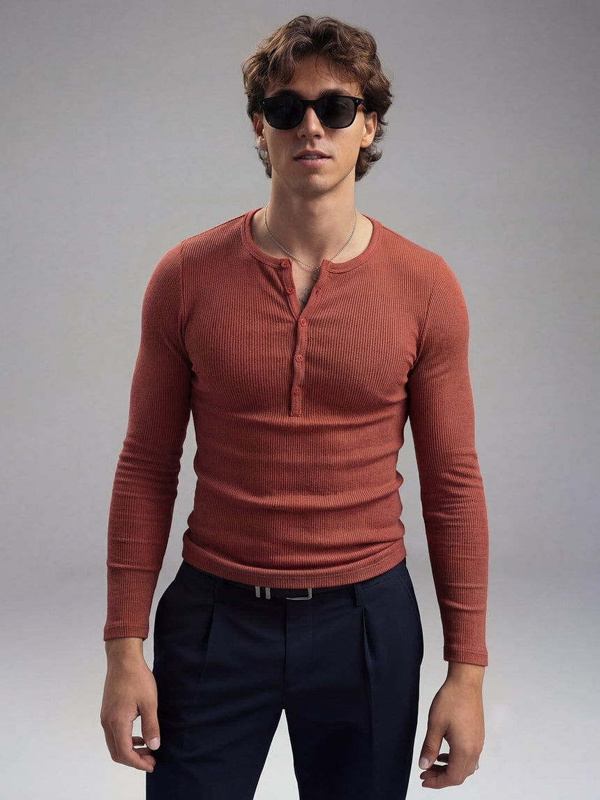 Rust Ribbed Henley Longsleeves Tshirt T-Shirts Fugazee