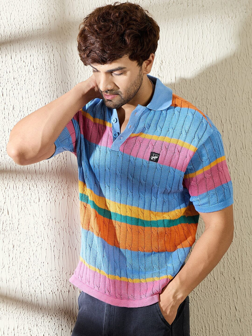 Sky Striped Cable Knit Polo Tshirt T-shirts Fugazee