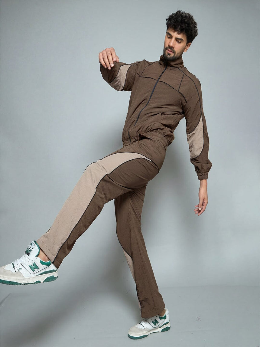Brown And Beige Cut And Sew Tracksuit Tracksuits Fugazee