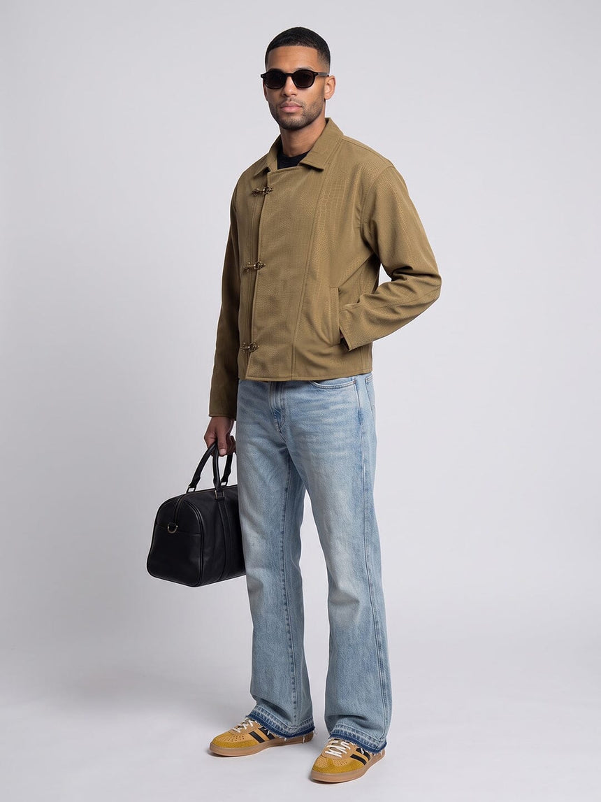 Tan Croc Textured Fireman Clasp Harrington Jacket Jackets Fugazee