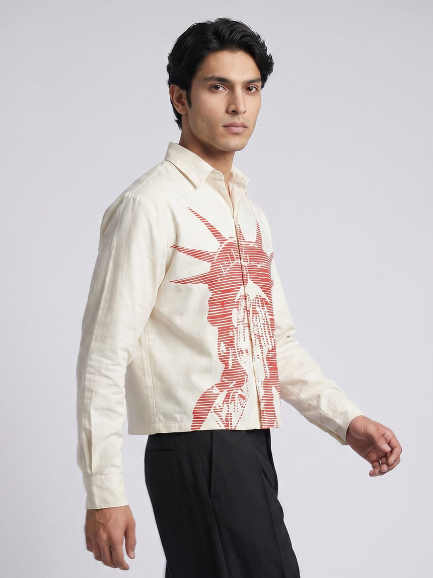 White Corduroy Graphic Cropped Shirt Shirts Fugazee