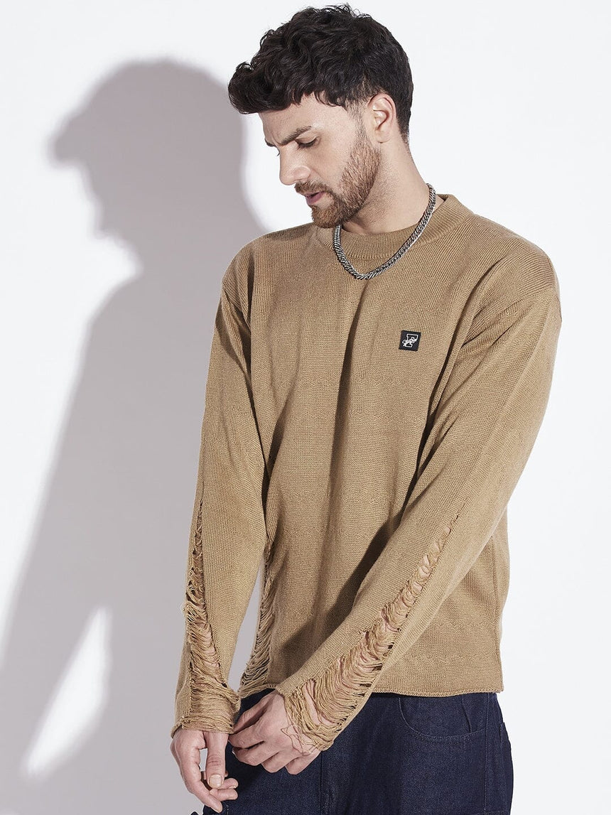 Beige Damaged Raw Edge Sweater Sweaters Fugazee