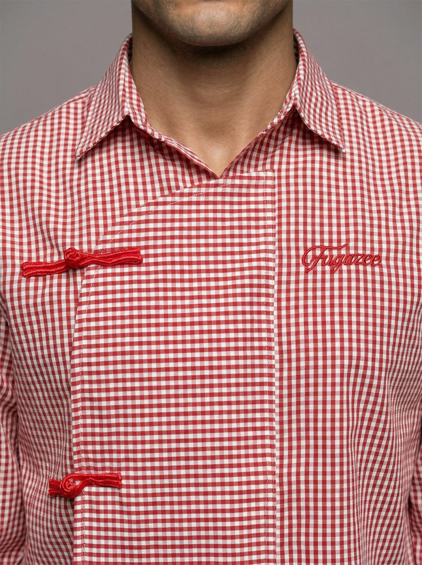 Red Checkered Chinese Frog Buttoned Cropped Shirt Shirts Fugazee