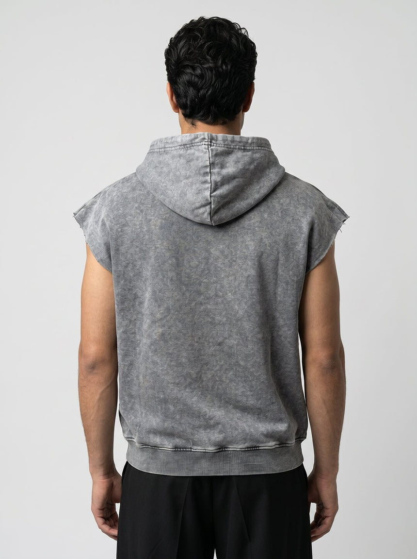 Acid Wash Embroidery Zipped Sleeveless Hooded Tshirt T-Shirts Fugazee