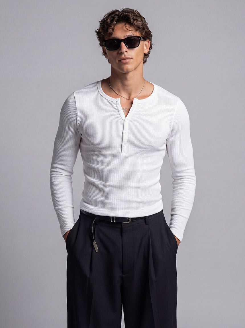 White Ribbed Henley Longsleeves Tshirt T-Shirts Fugazee