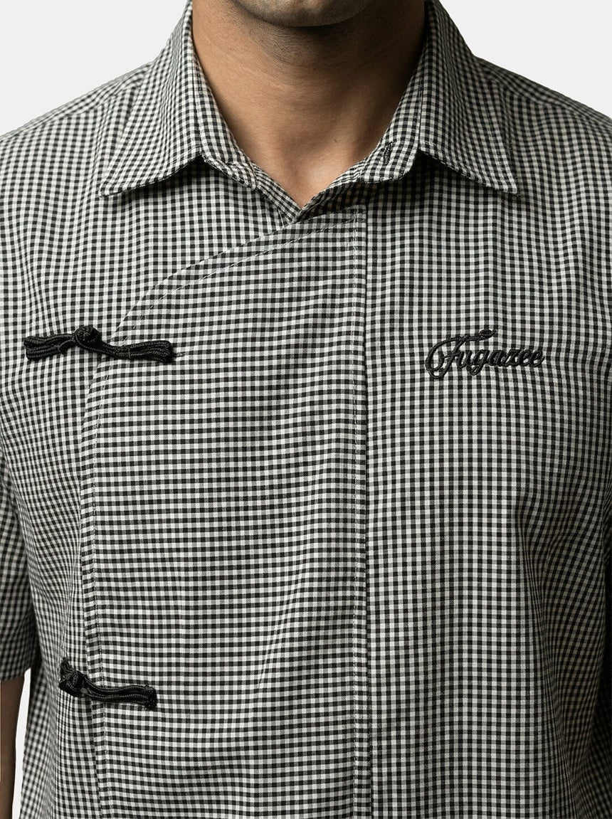 Black Checkered Chinese Frog Buttoned Cropped Shirt Shirts Fugazee