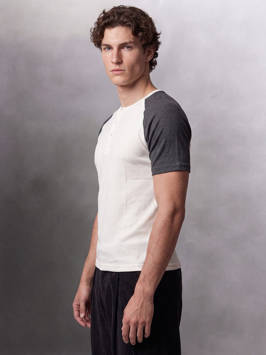 Ecru and Charcoal Raglan Ribbed Henley Tshirt T-Shirts Fugazee