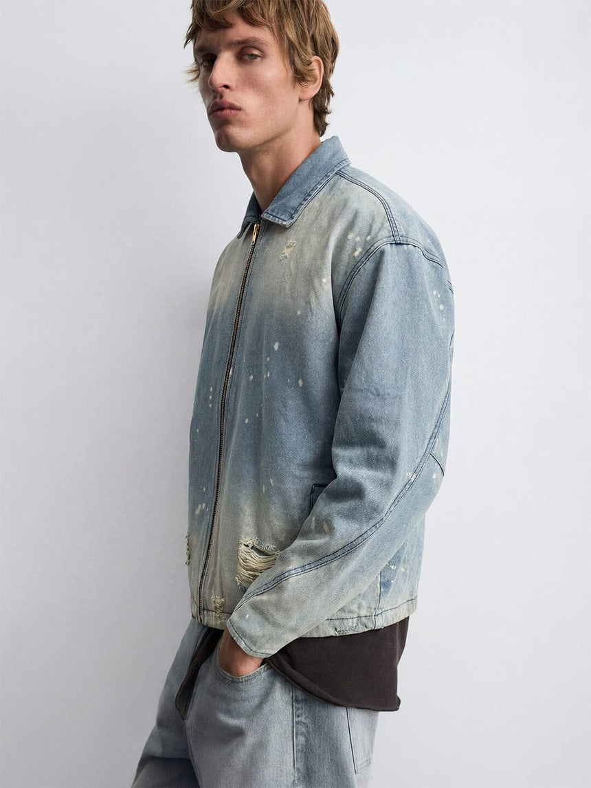 Indigo Distressed Denim Harrington Jacket Jackets Fugazee