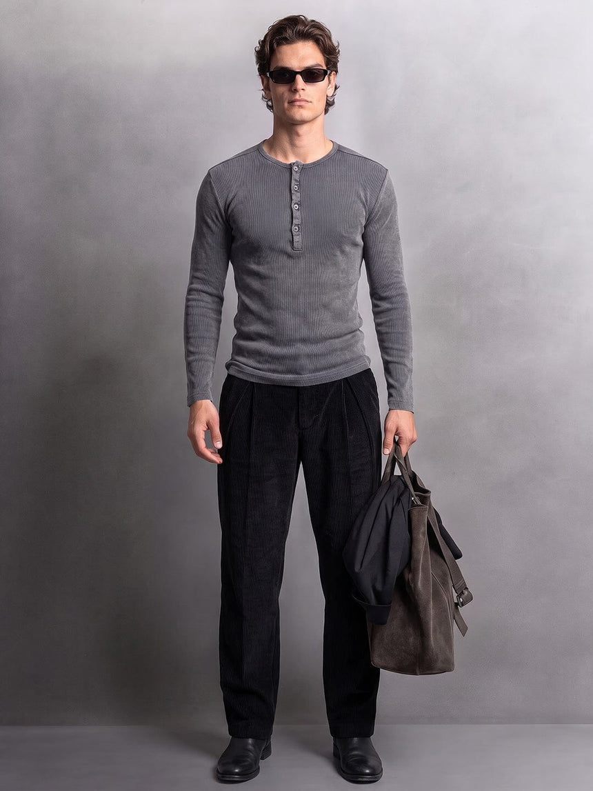 Black Acid Washed Ribbed Longsleeve Henley Tshirt T-Shirts Fugazee