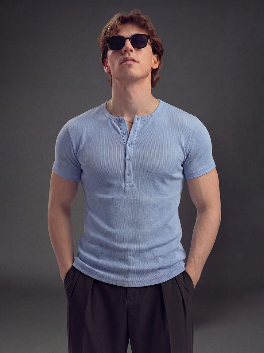 Sky Blue Ribbed Henley Short Sleeve Tshirt T-Shirts Fugazee