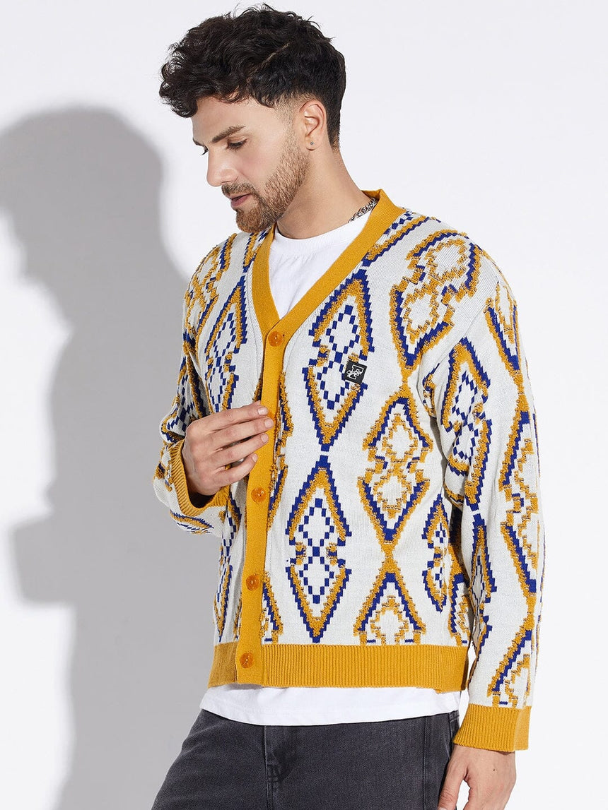 Mustard Abstract Print Cardigan Sweaters Fugazee