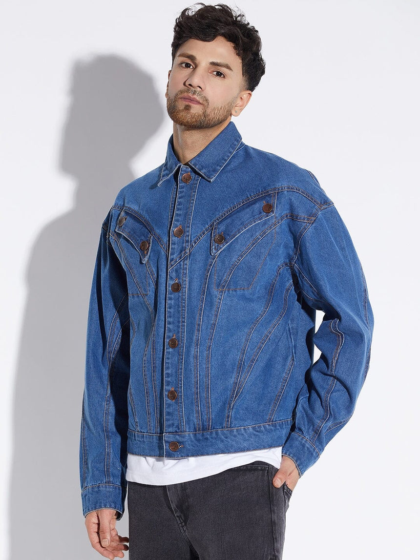 Mid Wash Wavy Panelled Oversized Denim Jacket Jackets Fugazee