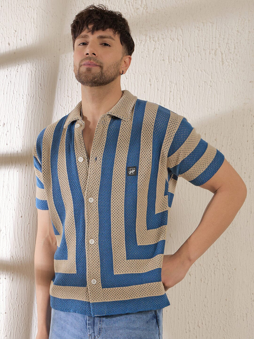 Beige & Blue Striped Crochet Knitted Shirt Shirts Fugazee