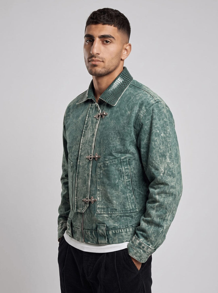 Green Grunge Fireman Clasp Denim Jacket Jackets Fugazee