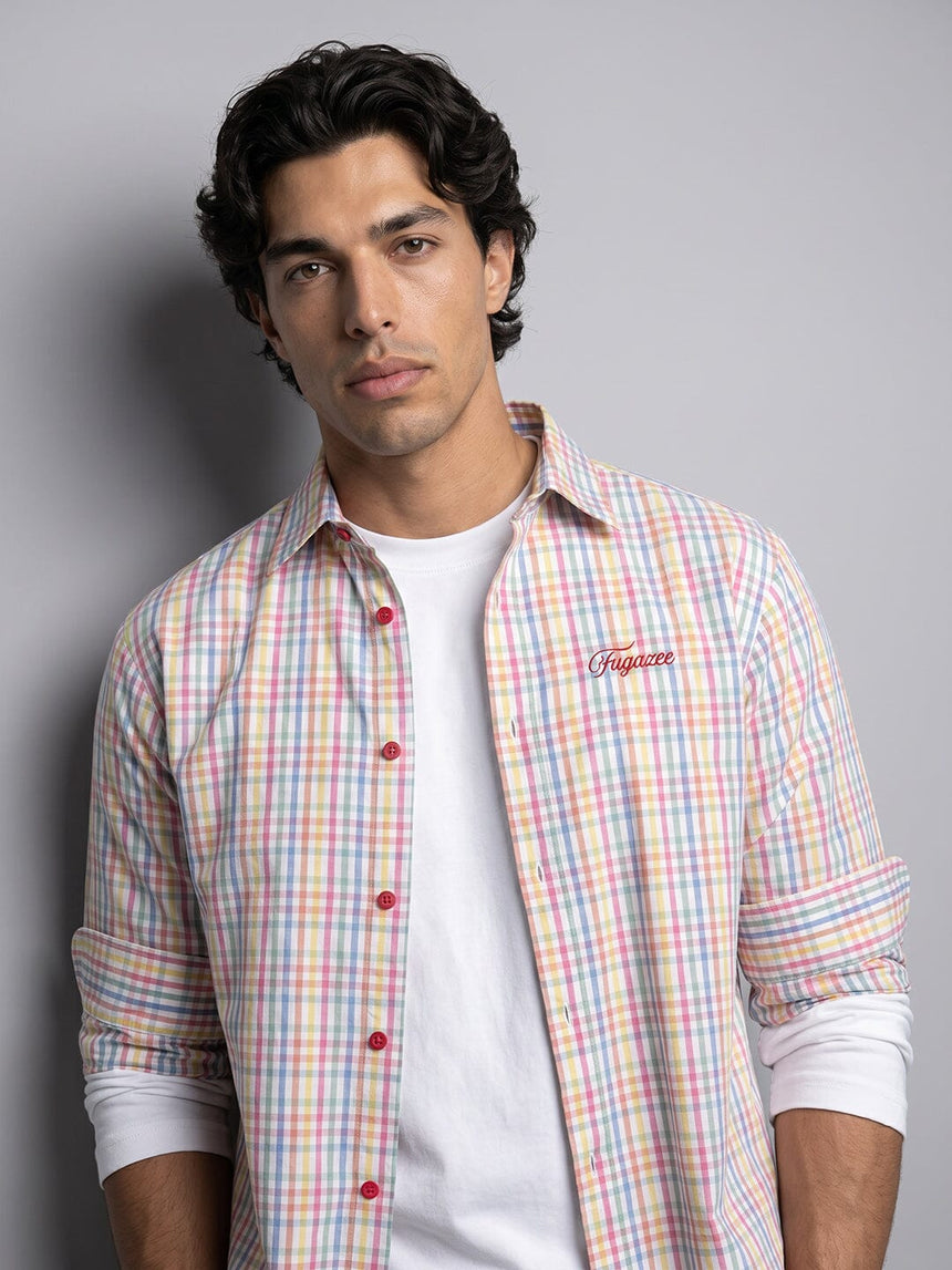Rainbow Checkered Seersucker Cropped Shirt Shirts Fugazee