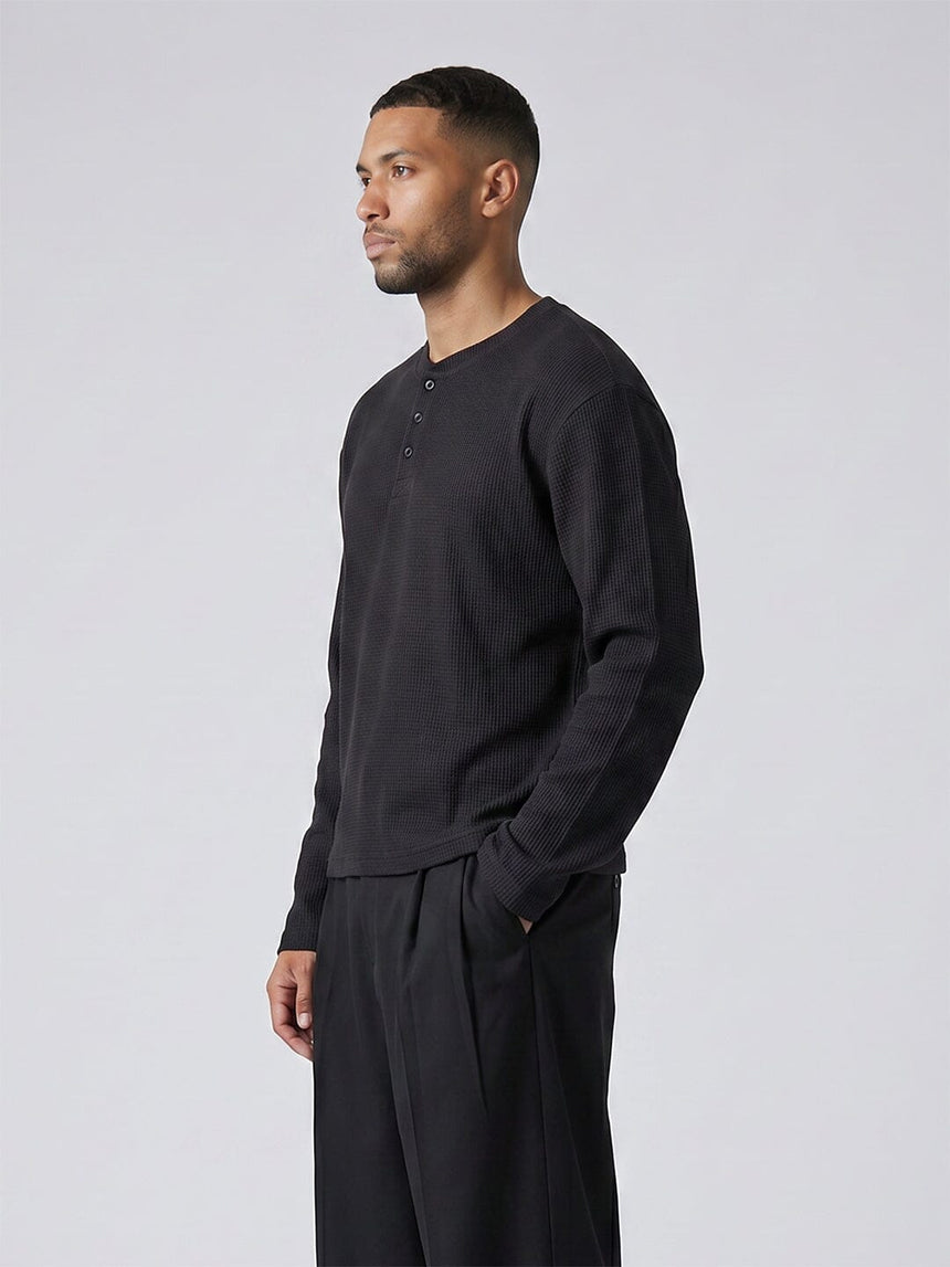 Black Waffle Relaxed Henley Tshirt T-Shirts Fugazee