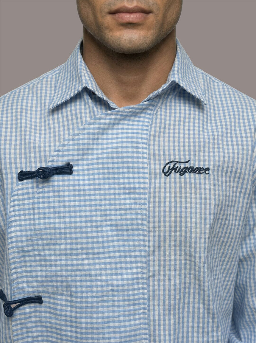 Sky Checkered Chinese Knot Buttoned Cropped Shirt Shirts Fugazee