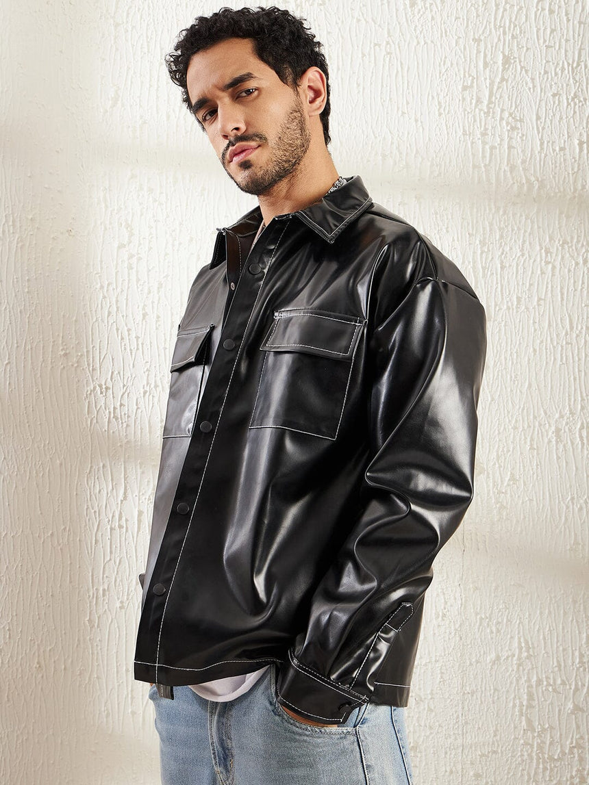 Black Contrast Stitch Pu OverShirt Shirts Fugazee