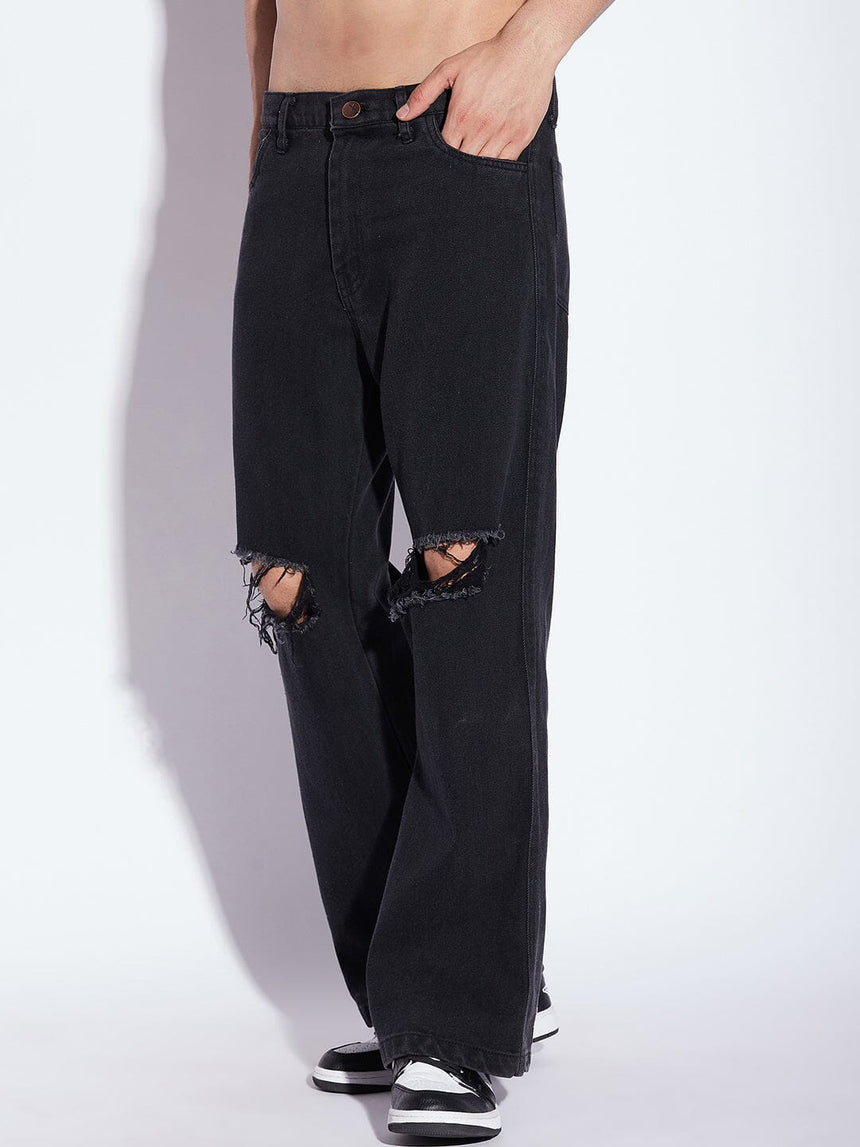 Black Knee Ripped Flared Denim Jeans Fugazee