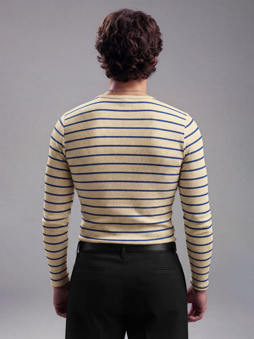Beige And Navy Striped Ribbed Henley Longsleeves Tshirt T-Shirts Fugazee