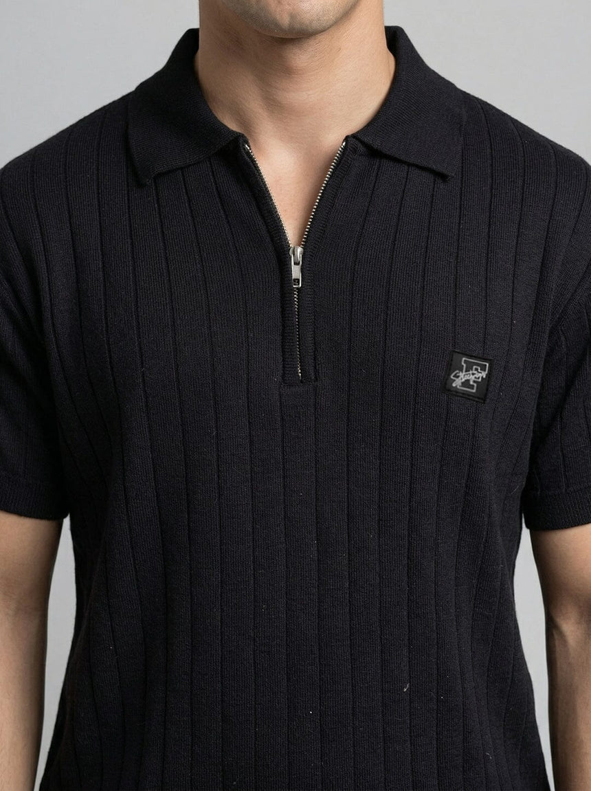 Black Old Money Knitted Slim Polo Tshirt T-Shirts Fugazee